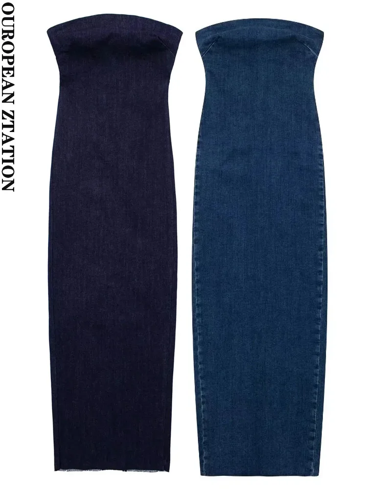 

PAILETE Women 2023 fashion strapless denim midi dress vintage straight neck backless zipper female dresses vestidos mujer