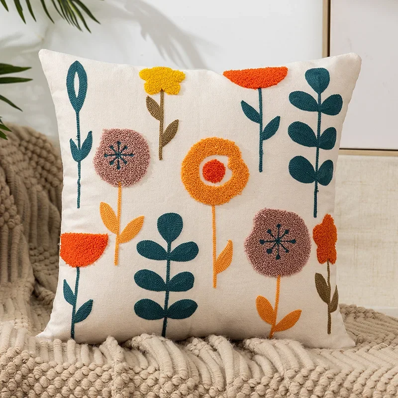 Ins Simple Flower Embroidered Pillow Case Sofa Headrest Pillow Case Office Cushion Cover Pillowcase Home Bedroom Decorative