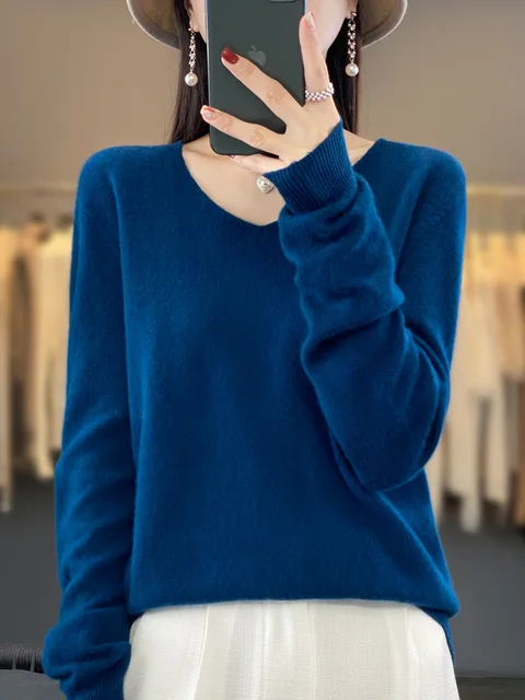 100% Merino Wool Women's Sweater V-Neck Long Sleeve Pullovers Autumn Winter Basic Jumper Cashmere Knitwear Warm Female Clothing 1