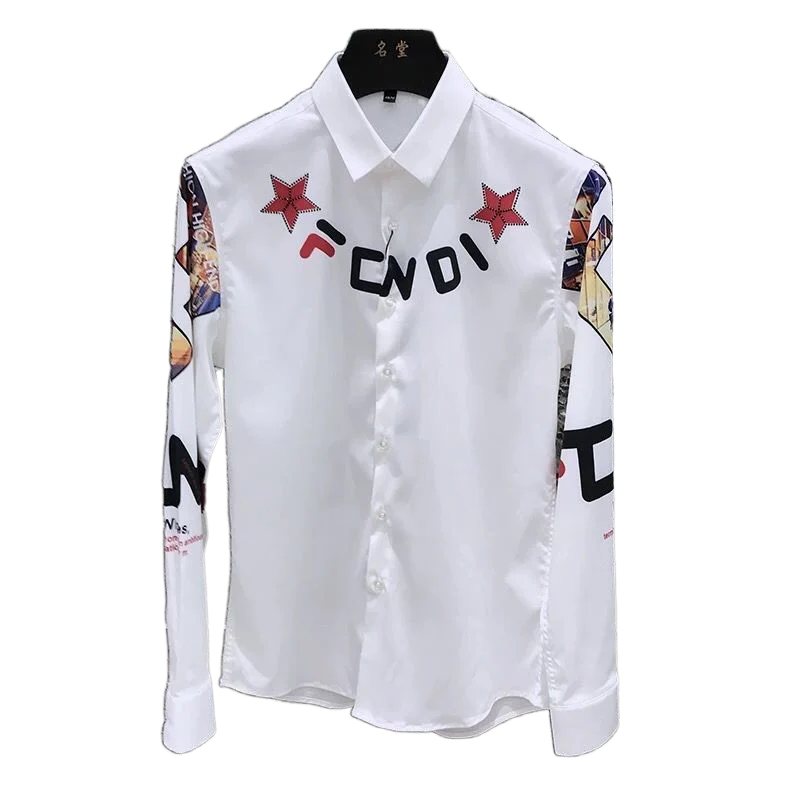 Men Shirt Long Sleeve  Spring and Autumn Korean Style Fashion Printed Shirts Trendy Slim-fit Trendy Brand All-match Top