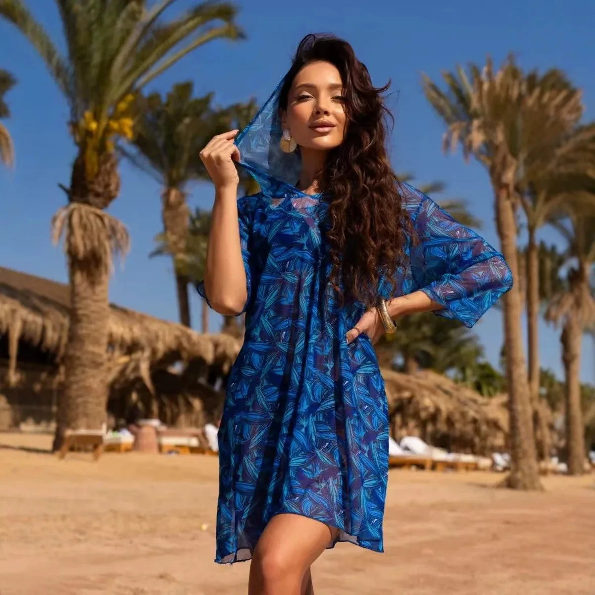 Pareo Dress Beach Tropical Leaf Print Tunic Swim Blue Sheer Three Quarter Sleeve Women's Cover-ups 3
