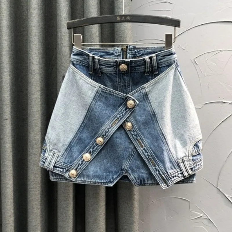 

Fashion Contrast Color Irregular Patchwork Fake Two Piece Denim Skirt Women High Waist Split Zipper A-line Skirts GH716