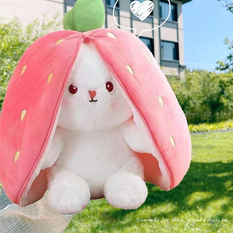 thumbnail image 1 of 25cm Cosplay Strawberry Carrot Rabbit Plush Toy Stuffed Creative Bag into Fruit Transform Baby Cuddly Bunny Plushie Doll For Kid, 1 of 5