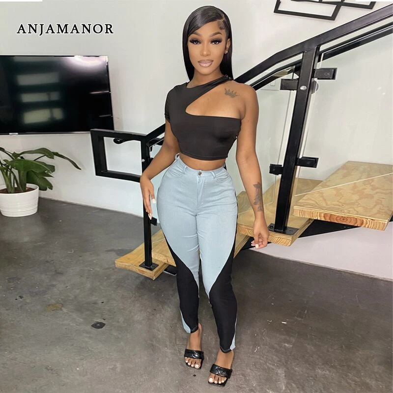 evening pant suits ANJAMANOR Sexy 2 Piece Sets Womens Outfits Asymmetrical Cut Out Black Crop Top and High Waist Pants New Fashion 2022 D89-DD32 short pants suit