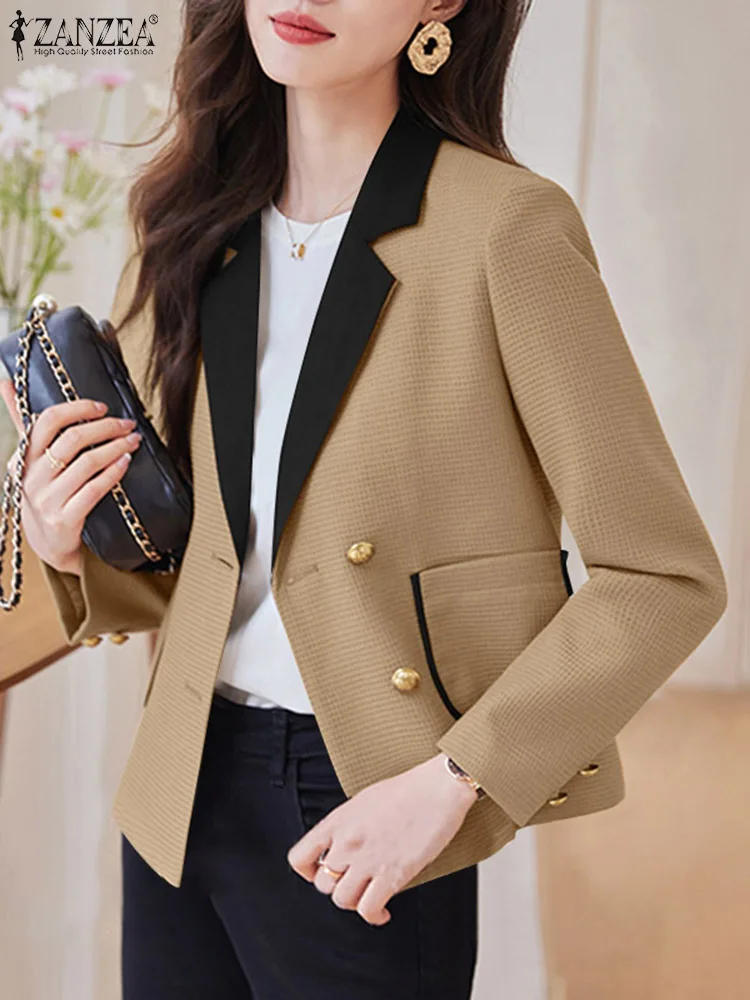 

Весенние модные лоскутные куртки ZANZEA, Элегантный женский офисный Блейзер, повседневные пальто с отложным воротником и длинным рукавом, Женская Офисная верхняя одежда