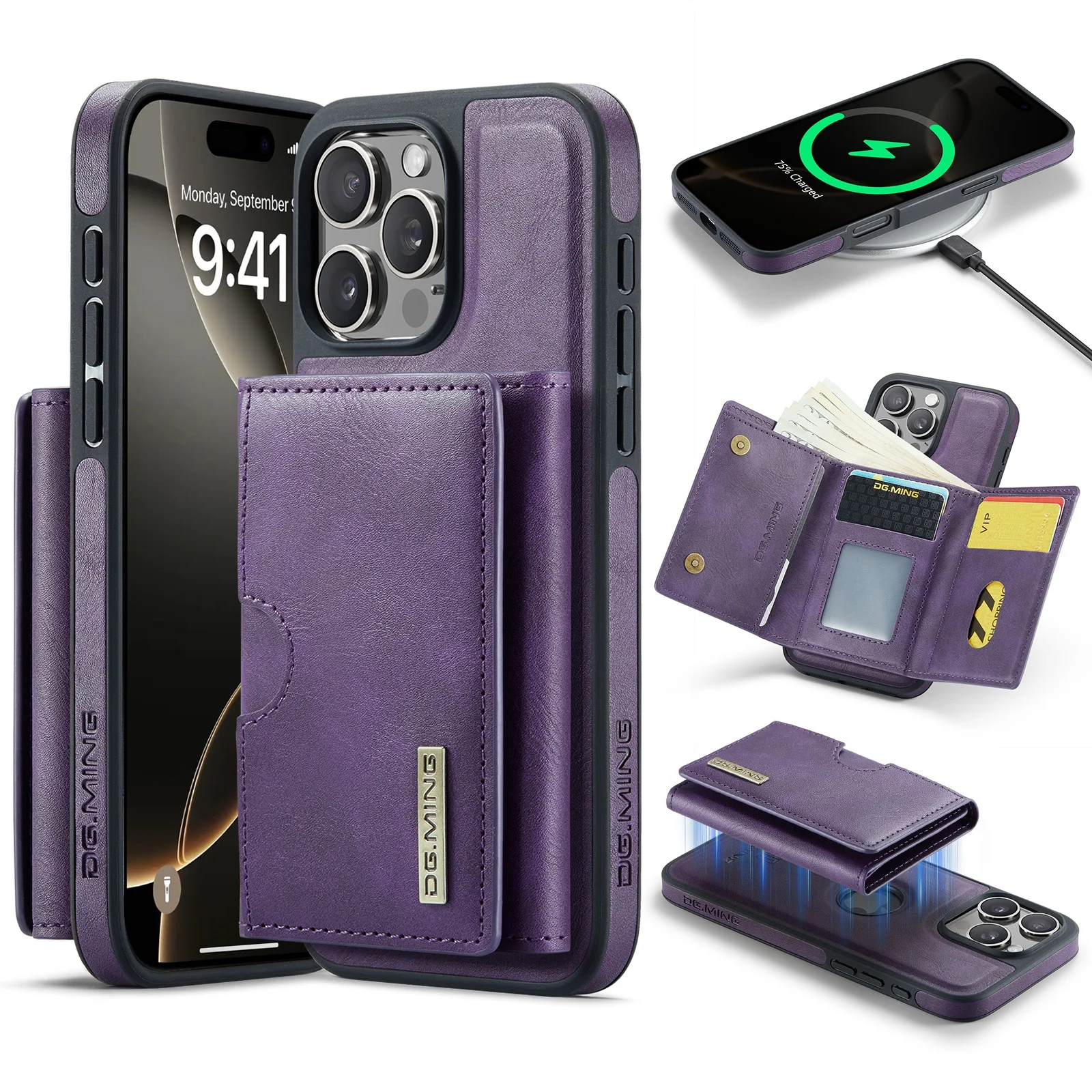Magnetic Leather Detachable Wallet Phone Case with Wireless Charging and Card Slots