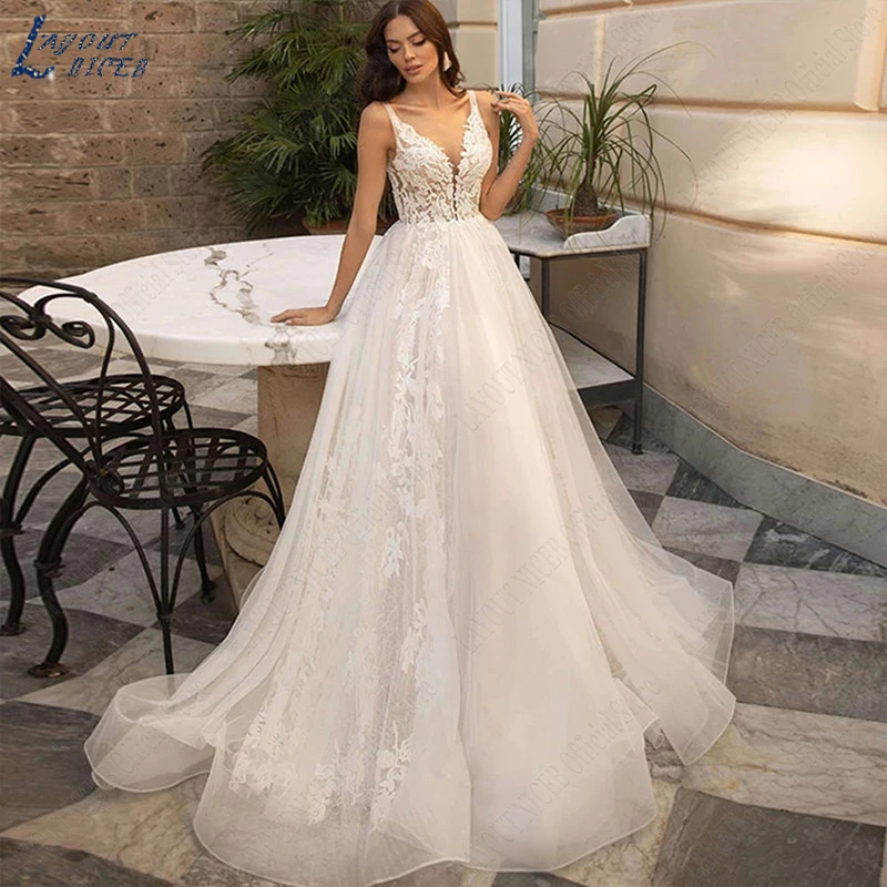 

LAYOUT NICEB Wedding Dresses For Woman Sleeveless Luxury Vestido De Casamento V-Neck Lace Appliques Bridal Gown A-Line Tulle