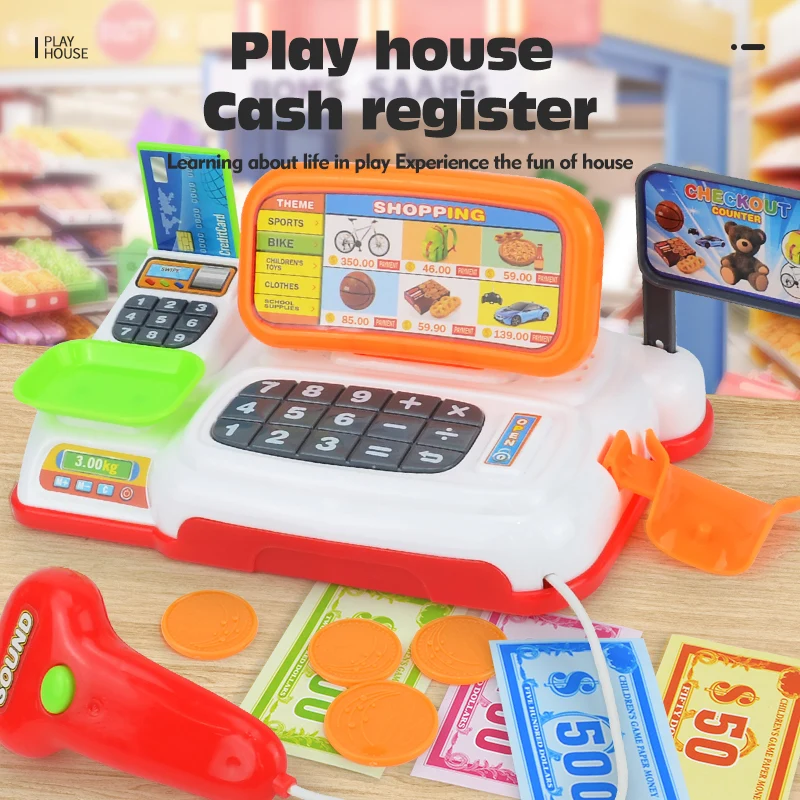 Simulation Cartoon Supermarket Cash Register Toy Home Appliance Series Children Play Home Electric Lighting Sound Register Supermarket Cashier Toys Cash Register Playset