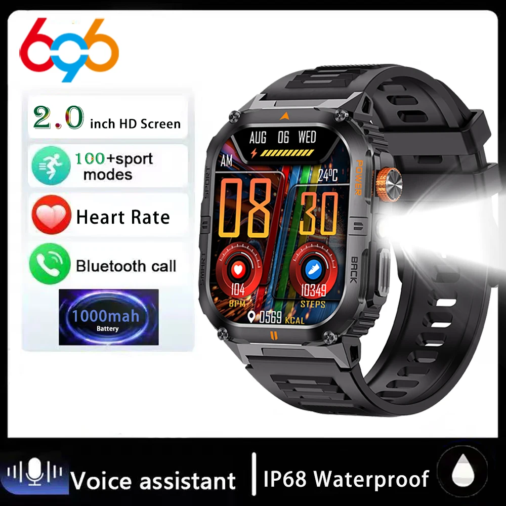 Outdoor Sports Smartwatch with LED Flashlight 2.0 Inch IPS Display Bluetooth 5.3 Call Heart Rate Monitor 1000mAh Battery Waterproof Fitness Tracker