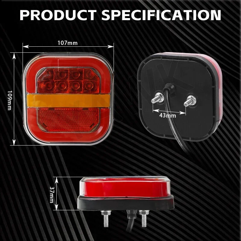 2Pcs Led Trailer Tail Lamp 4inch Square Brake Flowing Turn Signal Blinker License Plate Lamp 12V 24V for Truck Pickup Van 4x4