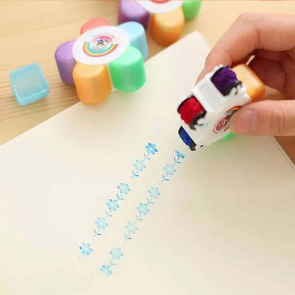 Colorful Flower Roller Seal Stamps 5 in 1 DIY Decorative Stamp Drawing Diary Hand Account Tool Children Gift