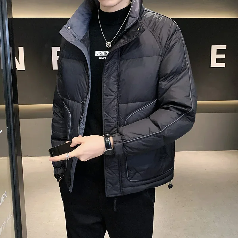 Men's White Duck Down Jacket Short Winter Fashion Trend Stand-up Collar Shiny Slim Black Jacket main image 1