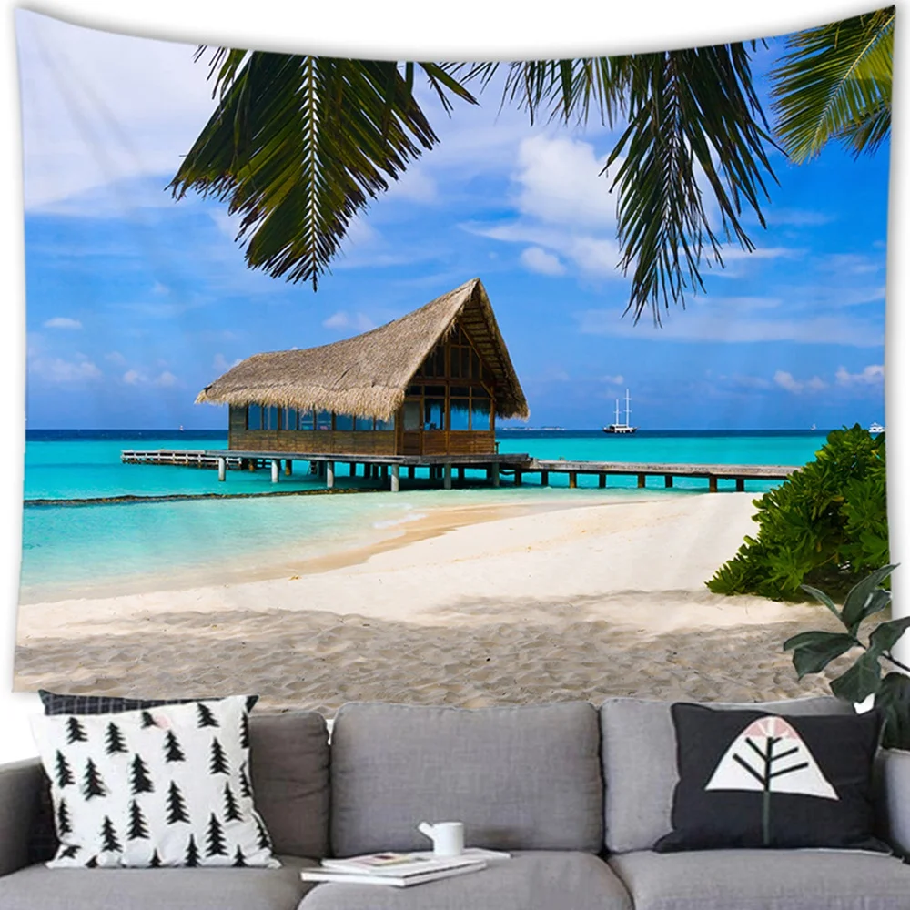 

Ocean Landscape Tapestry Sea Beach Palm Tree Living Room Bedroom Background Wall Hanging Curtain Tablecloth Outdoor Home Decor