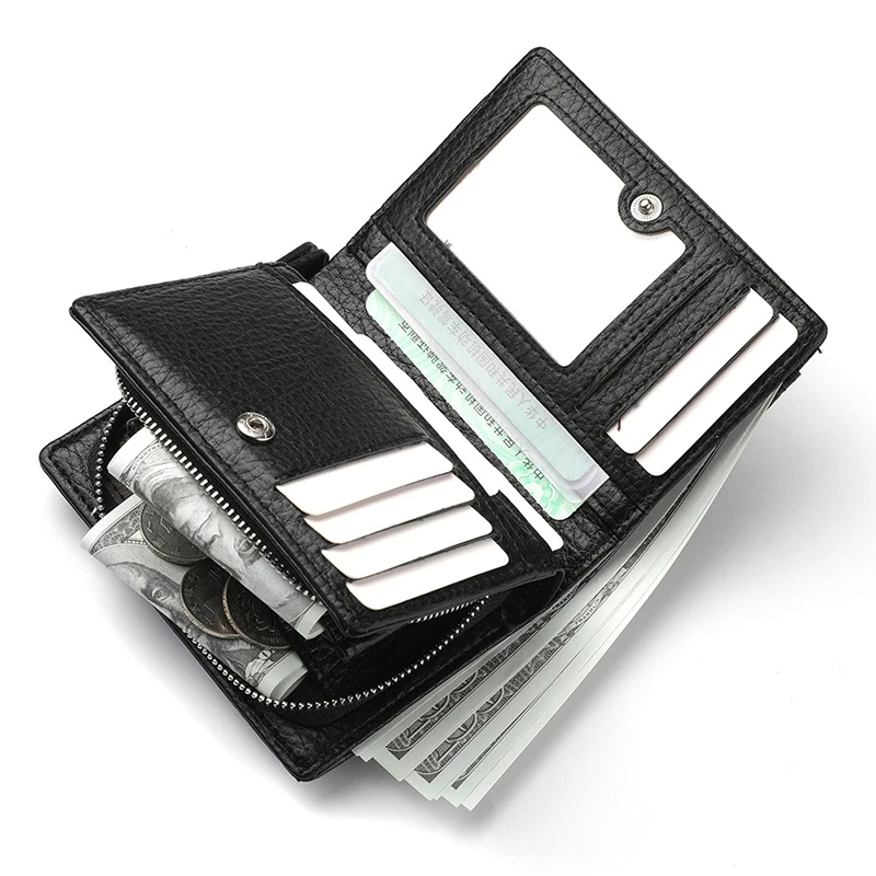 Men PU Leather Short Wallet With Chain Zipper Clutch Wallet Male Short Trifold Purse Card Holder Change Coin Purse 4