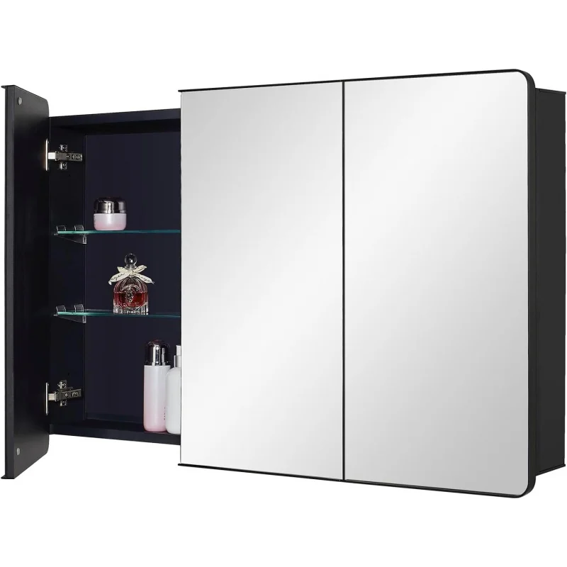 

Black Bathroom Medicine Cabinet with Round Corner Framed Door, 40 x 25.5 inch, Recessed or Surface Mount, with Adjustable Glass