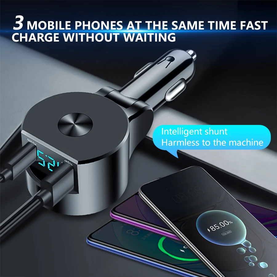 3 In 1 Voltage Detection Car Charger Adjustable Super Fast Retractable Phone Charger USB QC3.0 Type C PD USB C Fast Charging