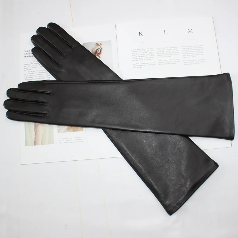 New women's long sheepskin gloves Classic solid color at elbow Versatile windproof warm fleece driving leather gloves