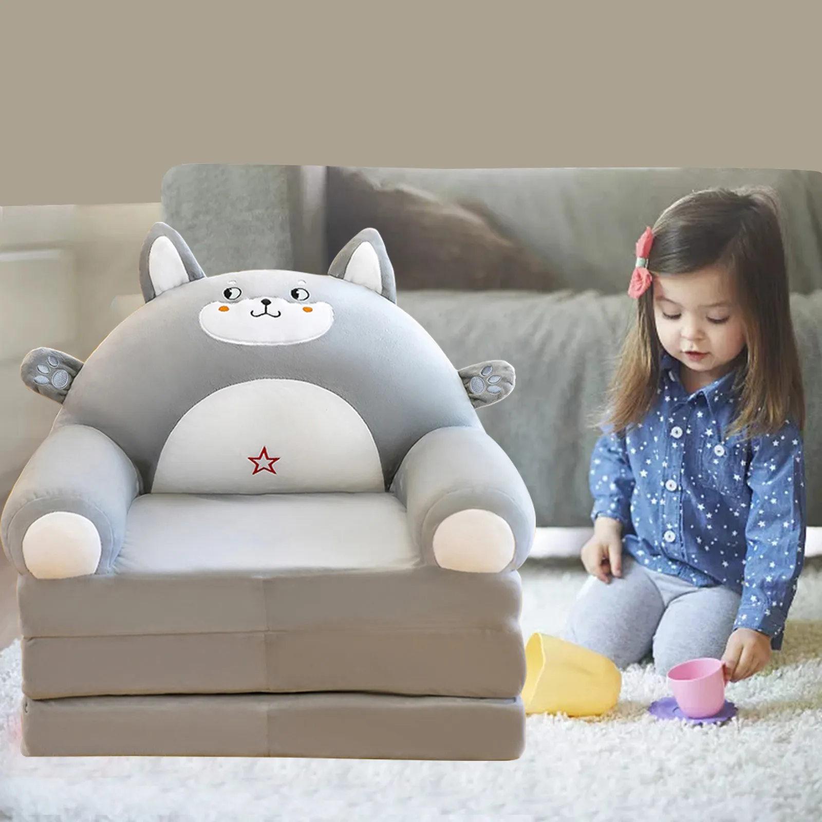 Foldable Kid Sofa Backrest Armchair Cover Plush Cartoon Children Lazy Sofa Flip Open Cover For Living Room Bedroom children sofa