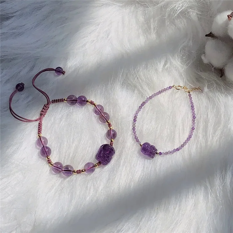 

Amethyst Beads Adjustable Women Bracelet Female 14K Gold Filled Handmade Weaving Pixiu Ornament Romantic Party Versatile Jewelry