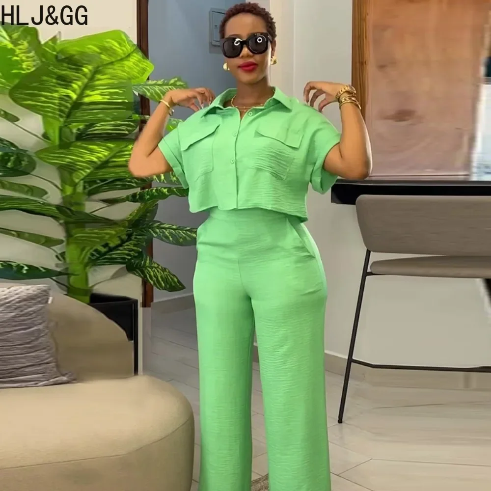 

HLJ&GG Casual Solid Wide Leg Pants Two Piece Sets Women Turndown Collar Button Short Sleeve Shirt And Pants Outfits Tracksuits