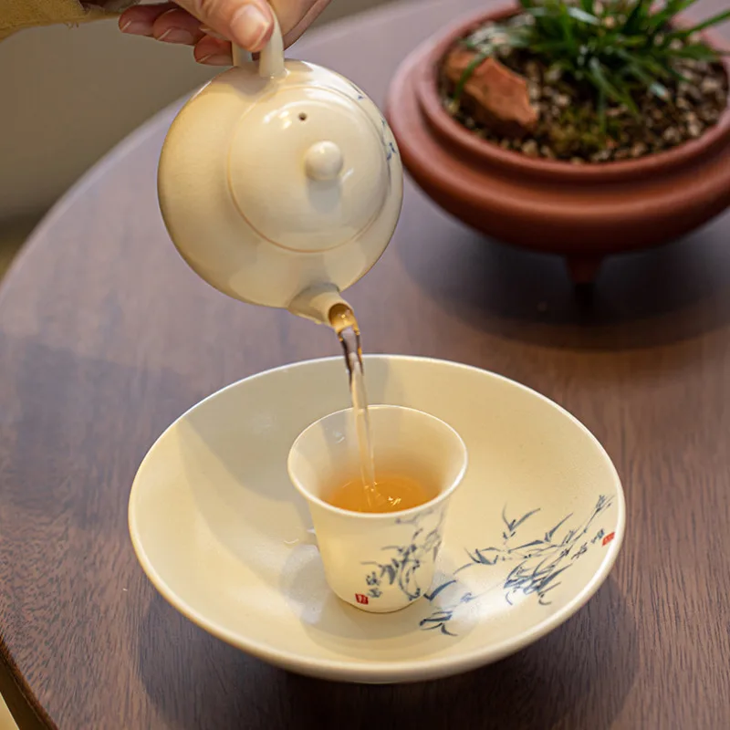 Hand-painted Bamboo Pot Bearing Holder Traditional Soda Glazed Gaiwan Tray Dry Brew Table Tea Tray Fruit Snack Plate Cha Gift