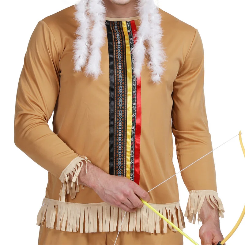 Men Cheap Native American Halloween Party Costume Indian Primitive Hunters Cosplay Suits Carnival Easter Purim Fancy Dress