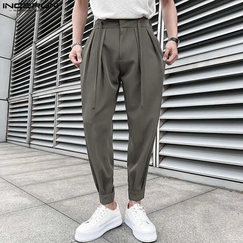 Men Trousers Fashion Men Pants Solid Color Lace Up Pleated Joggers Casual Trousers Men Loose Streetwear Leisure Long Pants S-5XL INCERUN