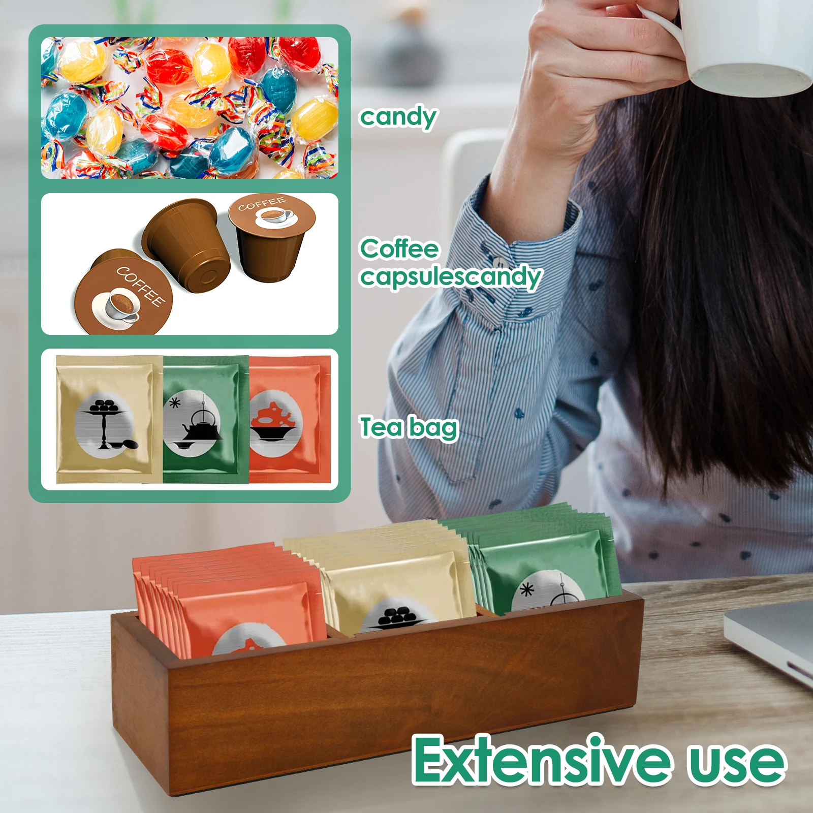Elegant Wooden Tea Bag Storage Organizer with Removable Dividers