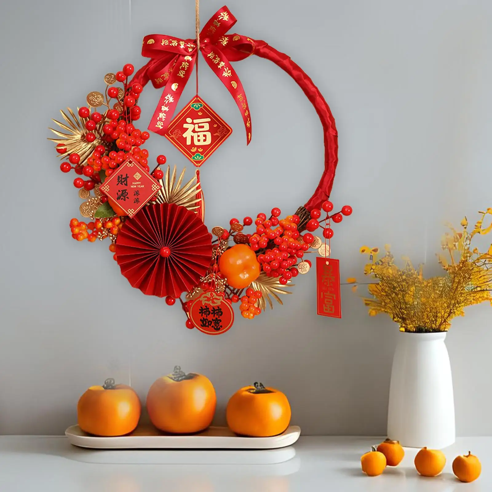 Chinese New Year Wreath Front Door Artificial Wreath for Porch Outdoor Wall