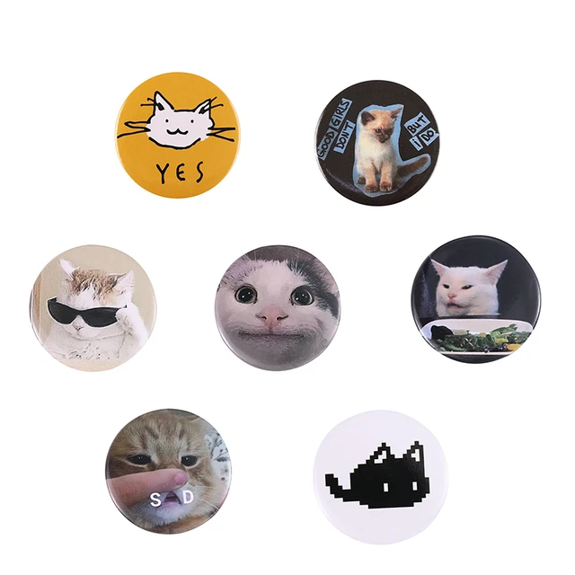 4 Style Cute Cat Soft Button Pins Sad and Cool Meme Pack Printed