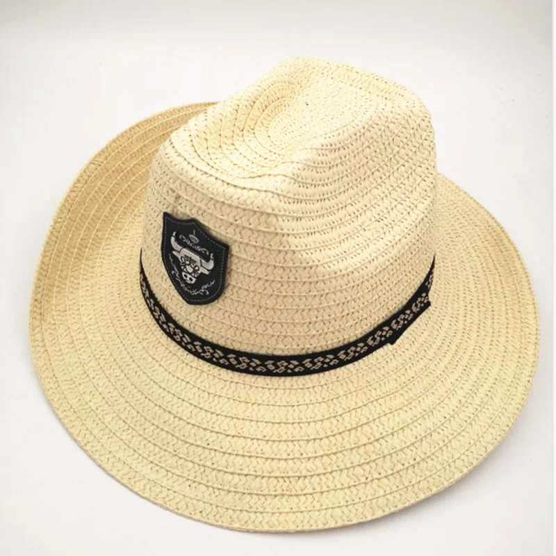 Summer Men Bull Badge Cowboy Straw Sunhat With Rope Jazz Hats Western With Wide Brim Caps Sun Protection Fedora Cap For Man 2