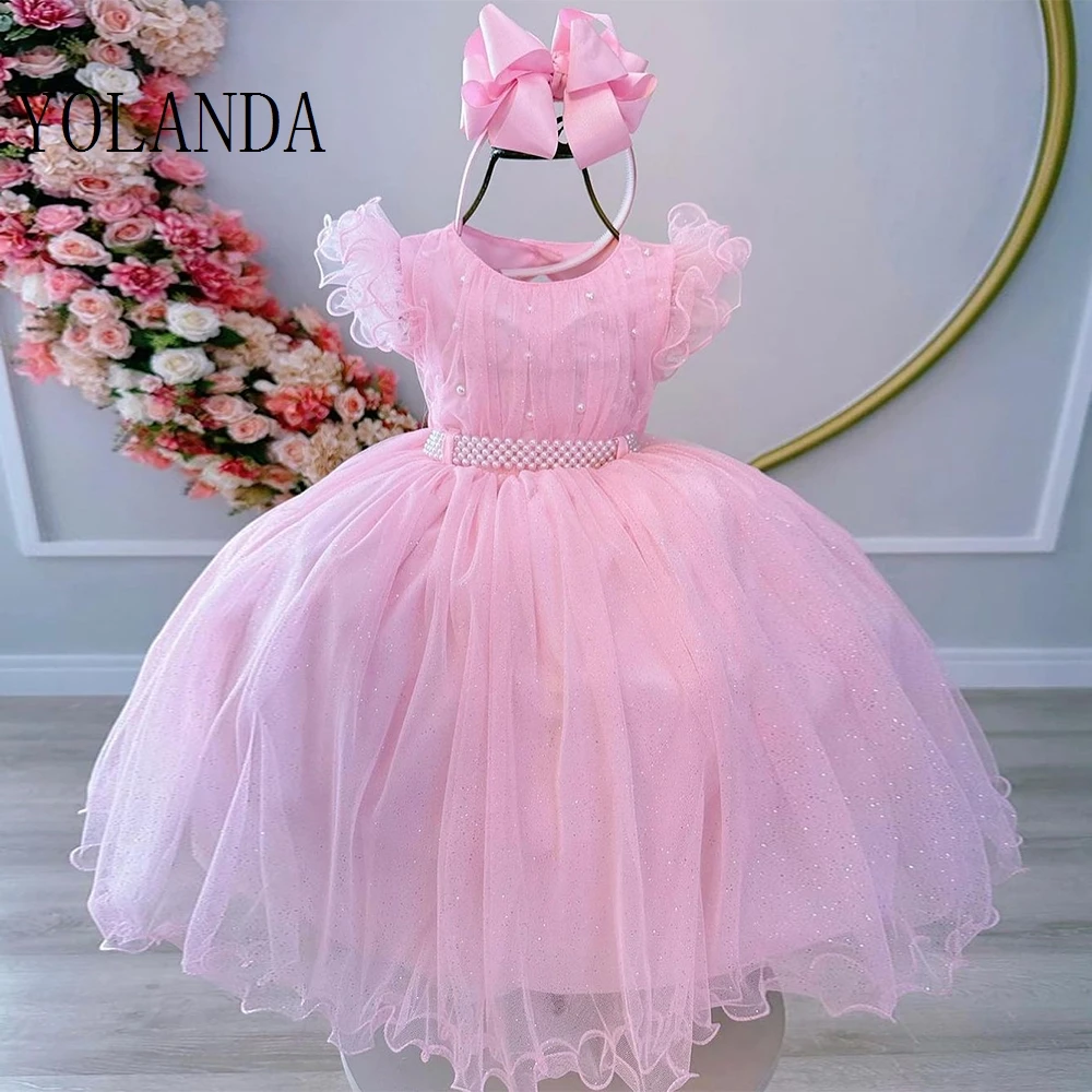 

Exquisite Pink Flower Girl Dresses for Princess Soft Tulle Sleeveless Scoop Christmas Gowns with Beading 2024 فلور فتاة اللباس