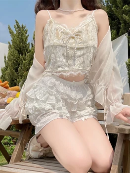 Women's Fashion Bloomers Shorts Lace Layered Ruffle Bowknot Elastic Waist Short Pants Summer Casual Shorts 3