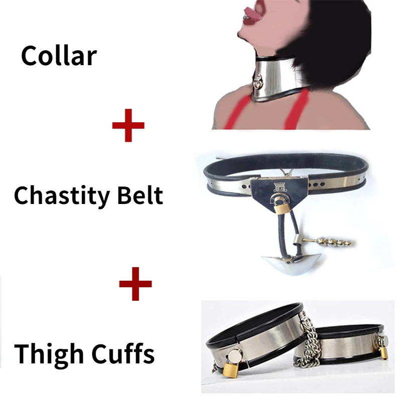 

3pcs Male Chastity Belt Collar & Thigh Cuffs Lock Pants BDSM Bondage Stainless Steel Silicone Chastity Device Sex Toys for Men