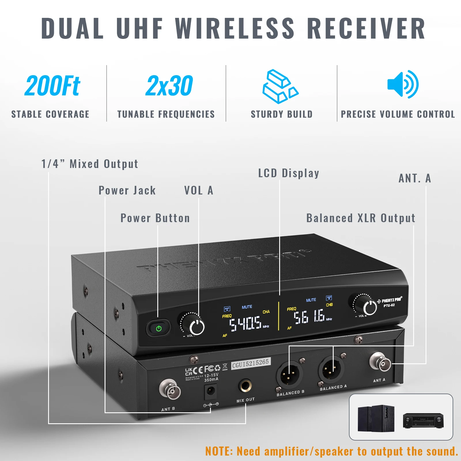 Phenyx Pro UHF Professional Dual Wireless Microphone Stage Performance Karaoke Home System 200ft/60m 30Frequencies PTU-52 wireless microphone system
