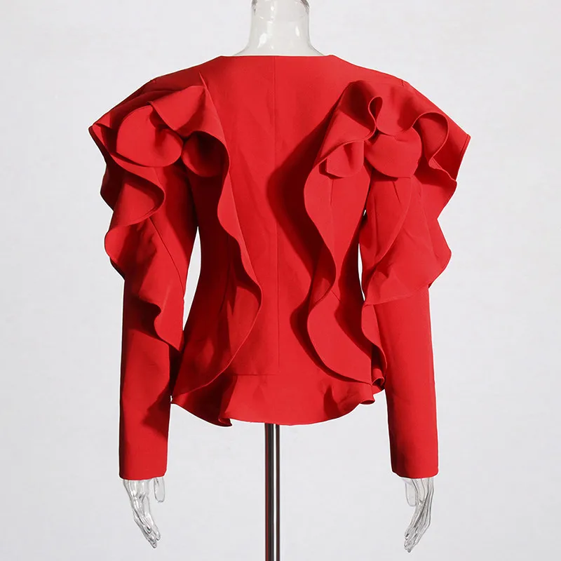 KBQ Solid Patchwork Ruffles Temperament Blazers For Women V Neck Long Sleeve Spliced Belt Chic Blazer Female Fashion Clothes New