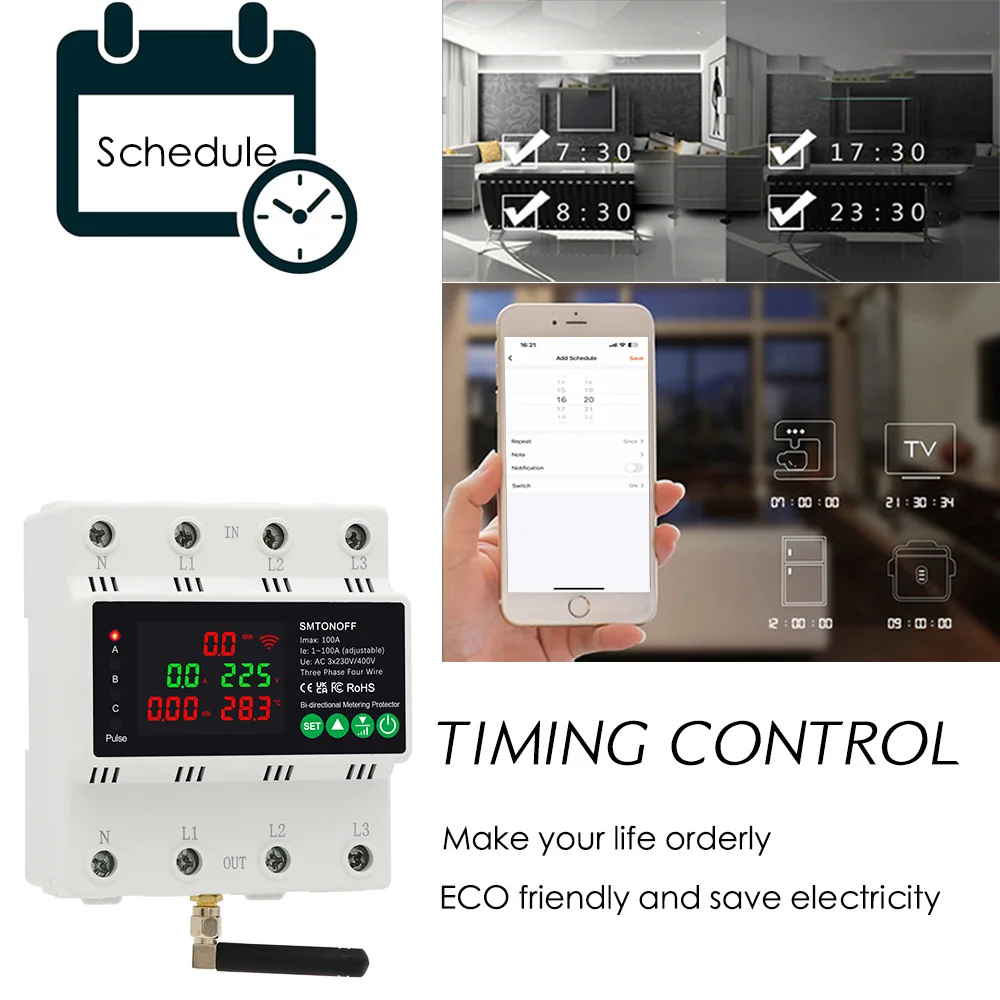 Tuya WiFi Three Phase 4P 100A Auto-Reclosing Over Under Voltage Protector Prepai