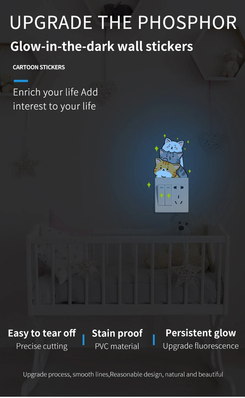 Luminous Stacked Cat Cartoon Switch Stickers Decorative Children's Room Wall Stickers Living Room Bedroom Luminous Self-Adhesive Paper