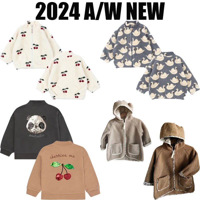 A/W Warm Jacket Girls Lamb Wool Hooded Jacket Boys Swan Printed Cotton Baby Winter Clothes