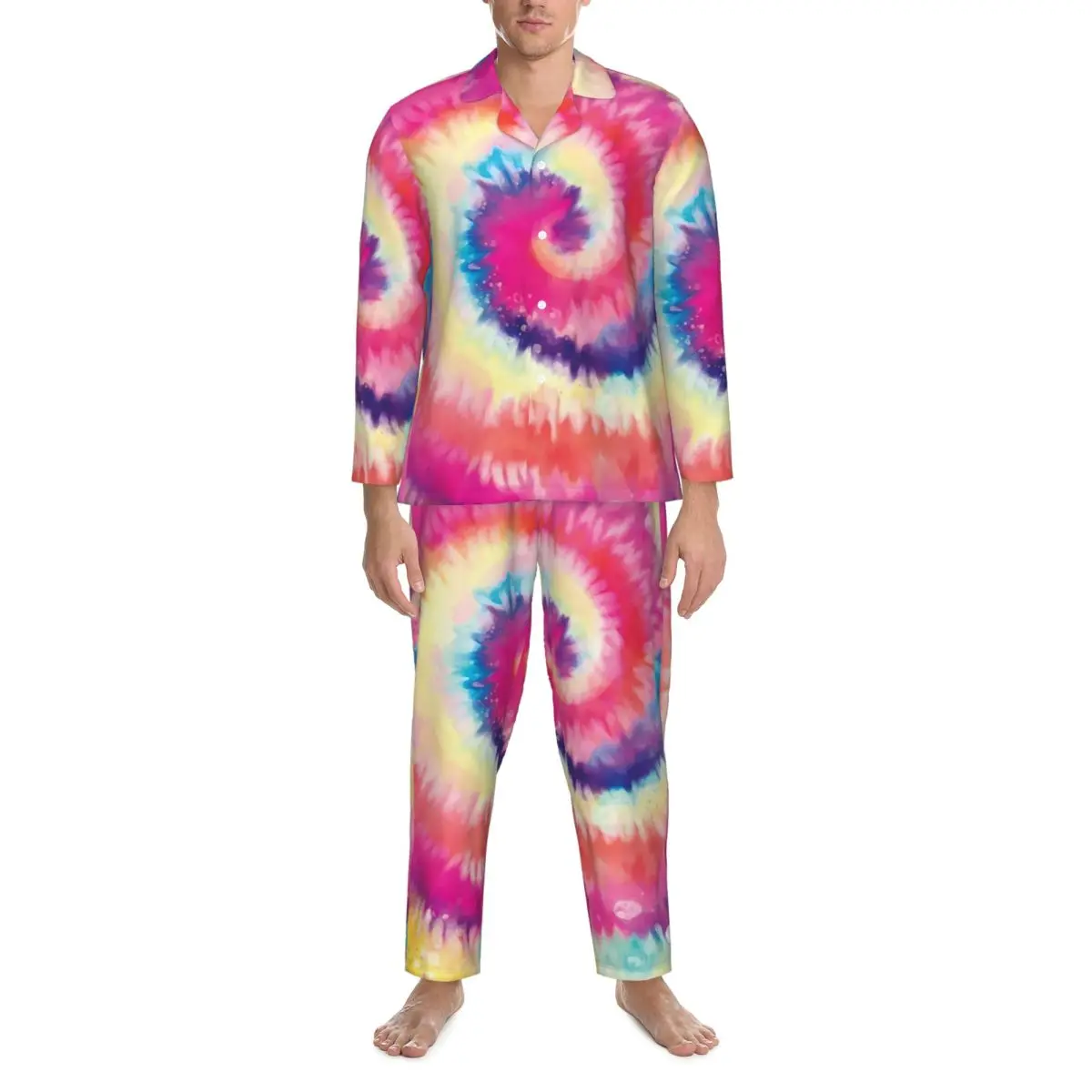 

Пижамный комплект мужской цветной, милая домашняя одежда для сна с радужным завитком, винтажная ночная рубашка оверсайз, 2 предмета, подарок на день рождения, осень