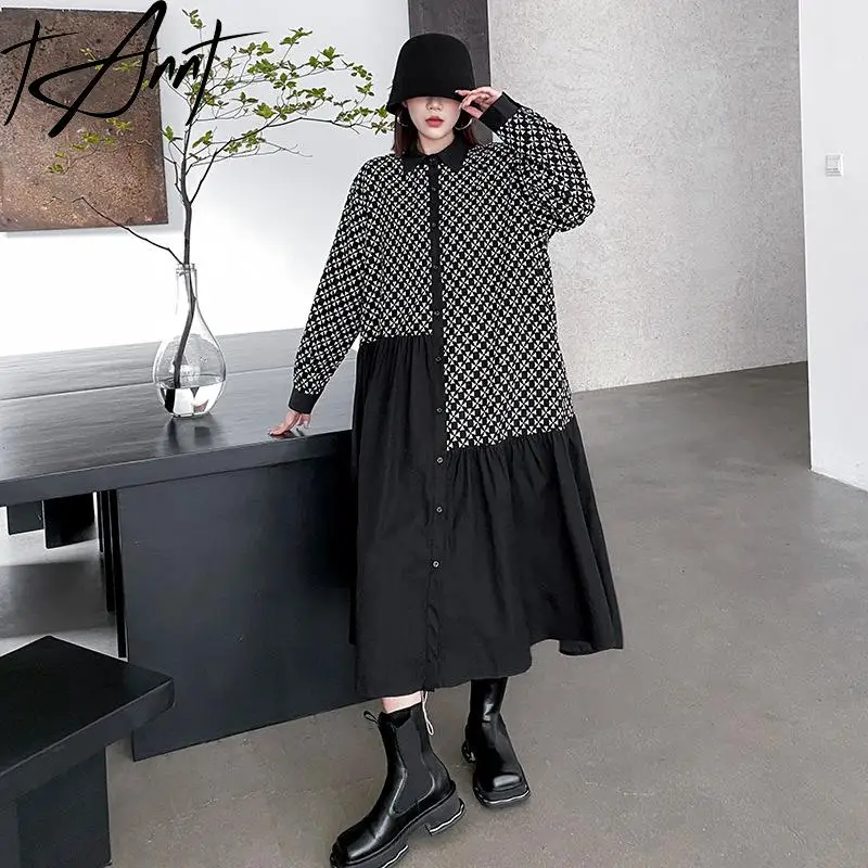 

Getspring Women Dress Irregular Long Sleeves Color Matching Shirts Dresses Asymmetry Fashion Loose Spring Long Dresses 2023