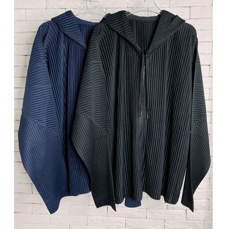 

Autumn New Men's and Women's Same Style Sweater Jacket Miyake Fold Fashion Plus Size Loose Zipper Boyfriend Style Hooded Jacket