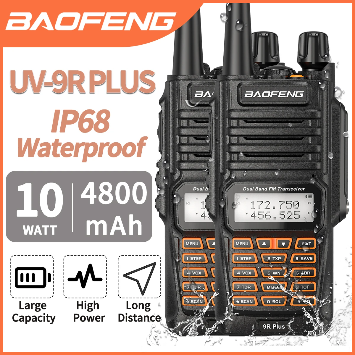 BaofengUV9RPlusHighPowerDualBandWalkieTalkieIP68Waterproof