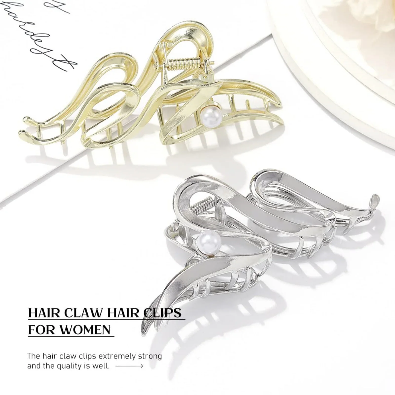 1PC Gold and Silver S - Shaped Hair Clamps, Pearl - Accented Hair Accessories, Trendy Clips for Women's Updo Hairstyles
