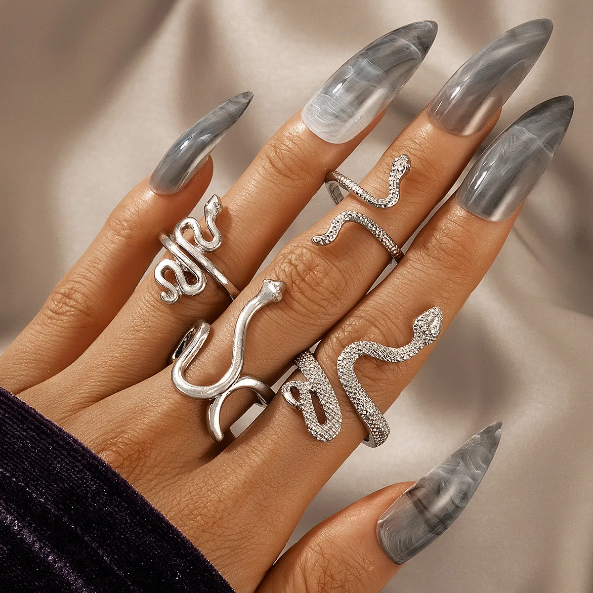 Vintage Long Snake Ring Set For Women Gothic Black Gold Silver Color Adjustable Finger Jewelry Accessories Female Gift,ring set,gold color rings,finger ring,gold color ring,silver ring,adjustable rings,animal ring,jewelry accessories