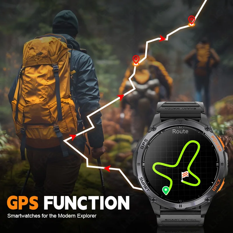 LIGE GPS Smart Watch Men 1.43'' AMOLED Screen LED Flashlight Outdoor Compass Sports Health Monitoring Bluetooth Call Smartwatch