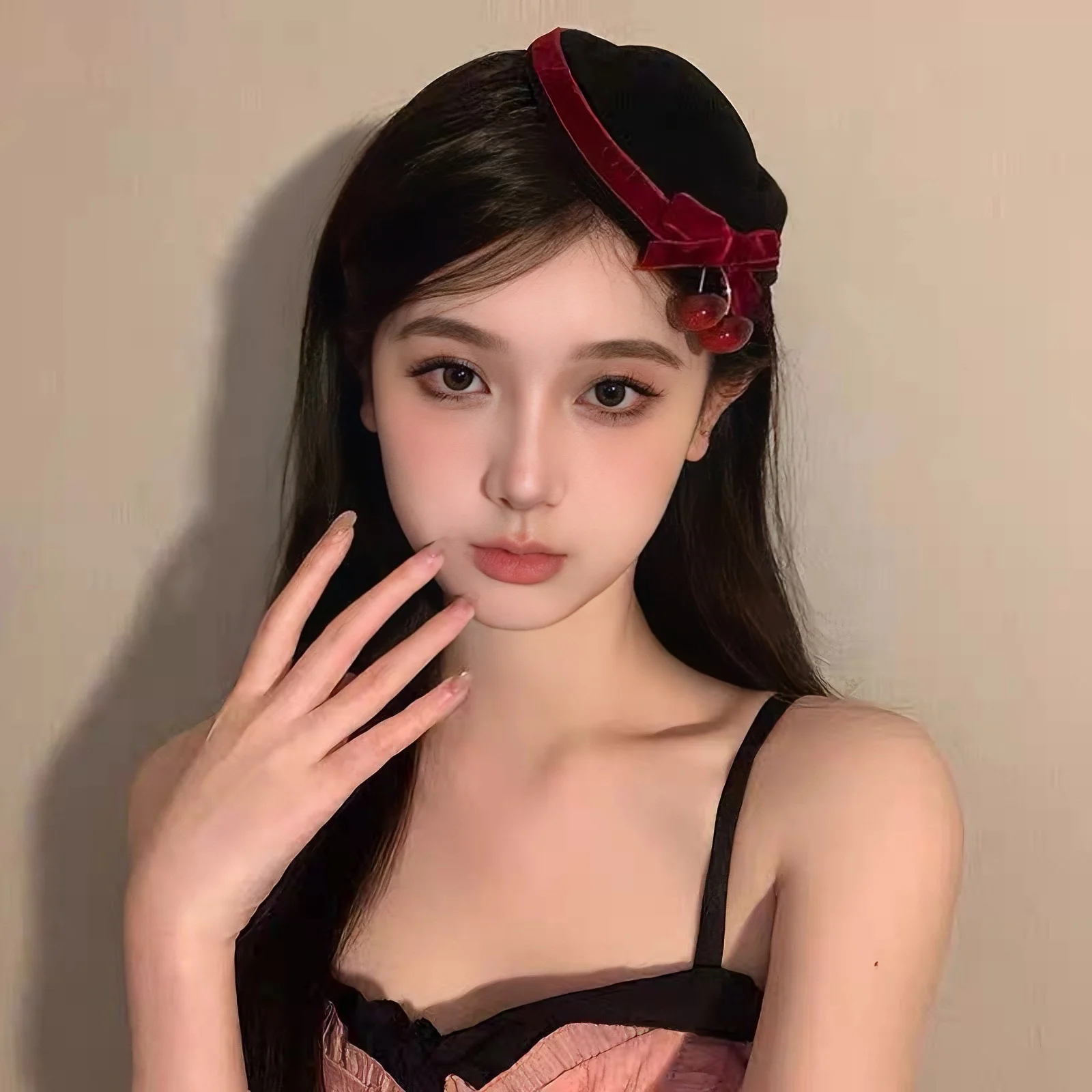 1PC Cream Velvet Cherry Beret Hat, Red Bow Decor Fashion Cap, Elegant Daily Headwear, Stylish Outfit Matching Hat