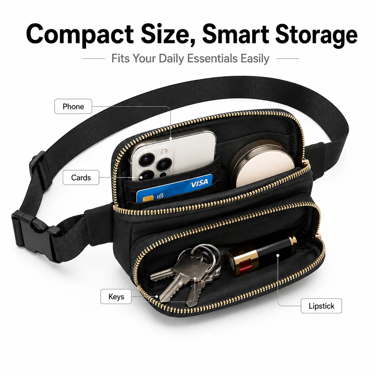 Dual Compartment Lightweight Crossbody Waterproof Waist Bag with Adjustable Strap