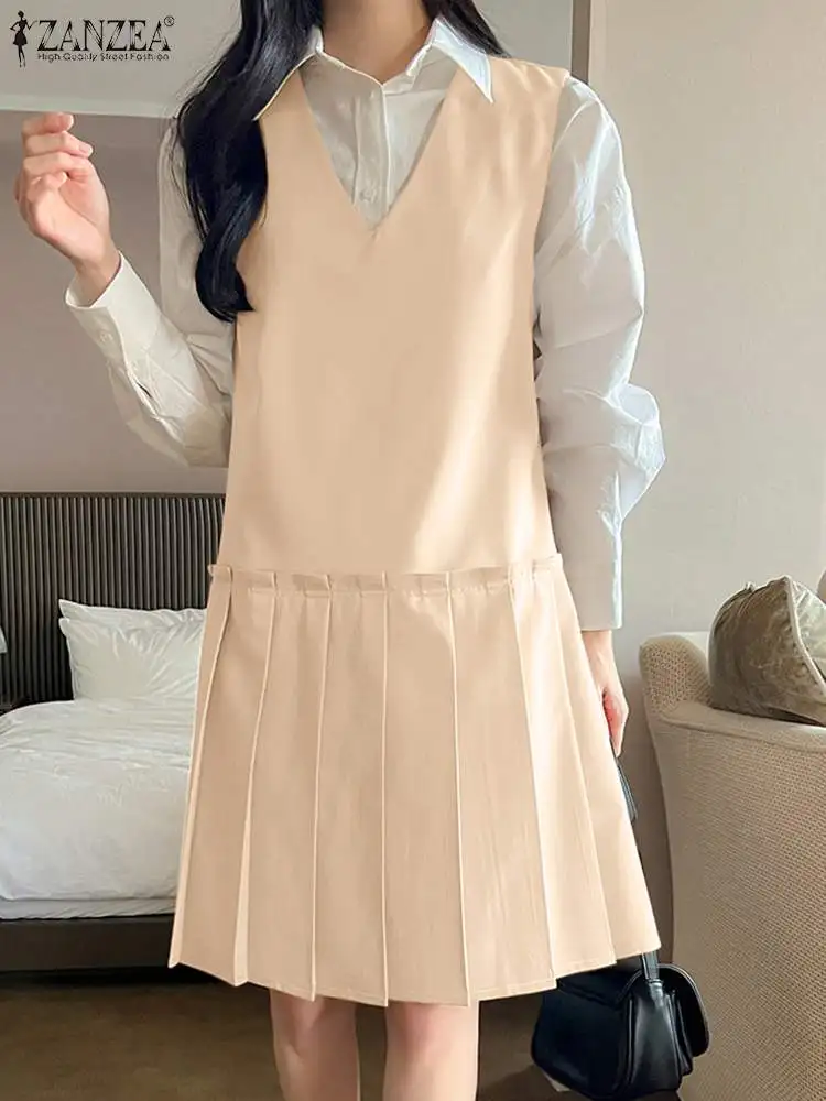 

ZANZEA Women Sleeveless Pleated Tank Robe 2024 Summer Long Dress Casual V Neck Solid Midi Dresses Fashion Stitching Holiday Robe