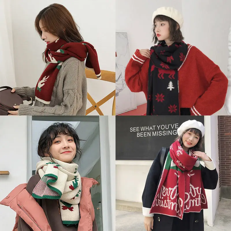 Christmas New Elk Scarf Female Cute Girl Student Korean Style Versatile Winter Wool Knitted Warm